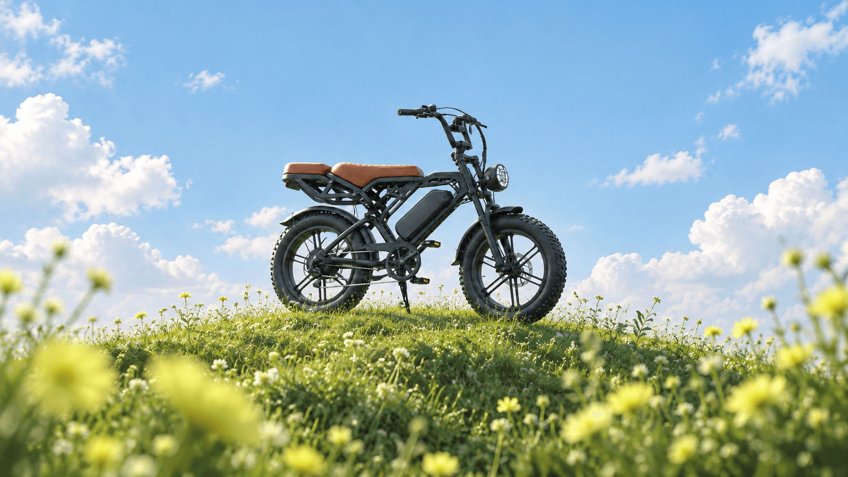 Cena artística de uma e-bike preta com bancos em couro marrom sobre um morro com flores amarelo-verdes, sob um céu azul