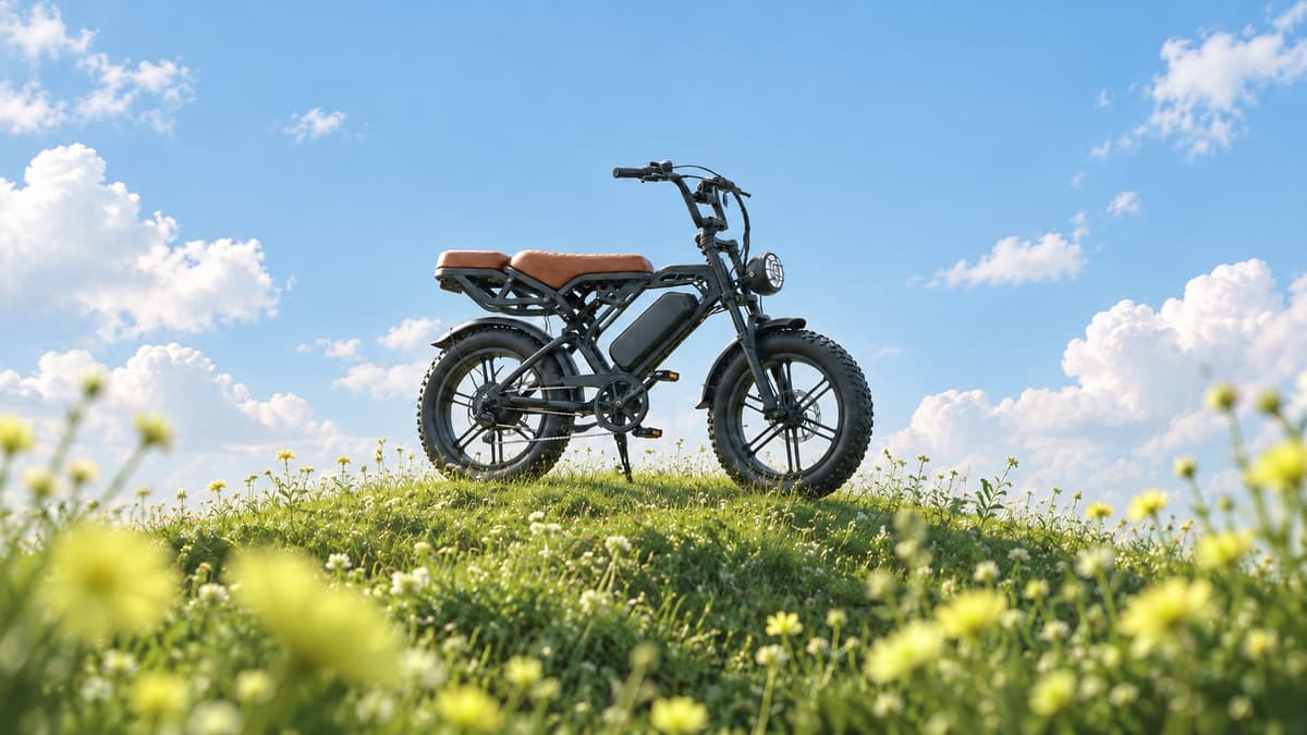 Ilustração de uma e-bike preta com bancos marrons sobre um morro florido sob o céu azul
