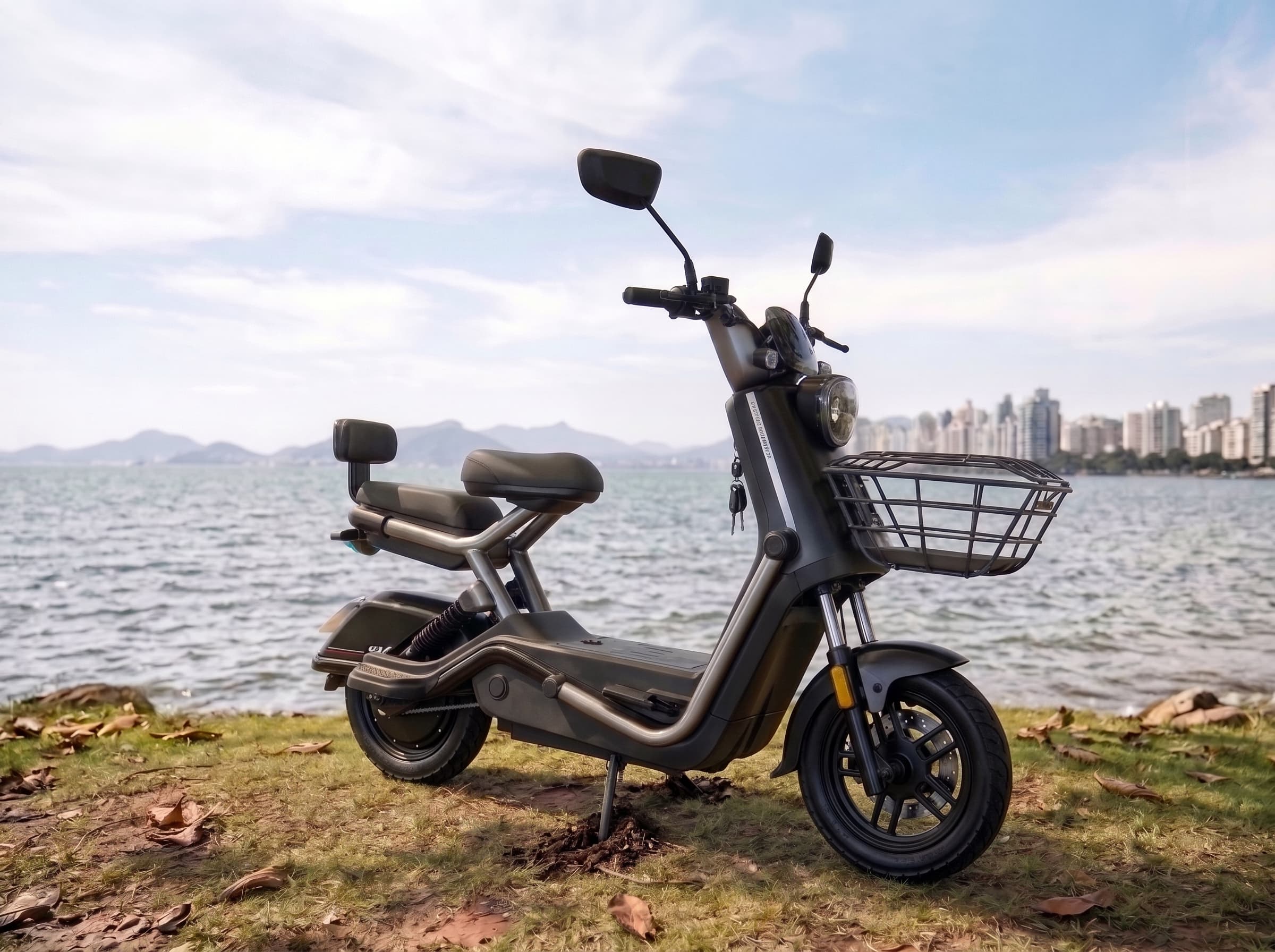 Scooter elétrica N77 grafite com cesta dianteira e encosto à beira-mar em Florianópolis