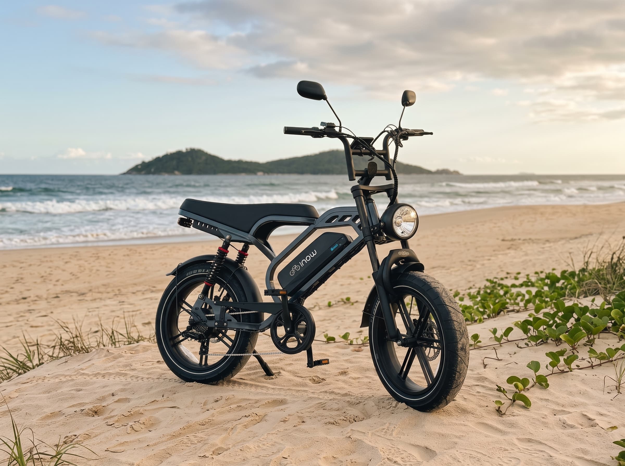 Bicicleta elétrica V40 grafite com banco preto em um ensaio editorial na praia